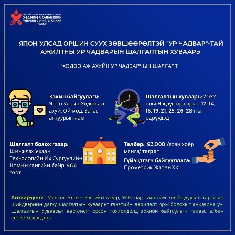 Япон улсад оршин суух зөвшөөрөлтэй “ур чадвар"-тай ажилтны ур чадварын шалгалтын хуваарь