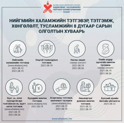 Наймдугаар сард нийгмийн халамжийн тэтгэвэр, тэтгэмж олгох хуваарь