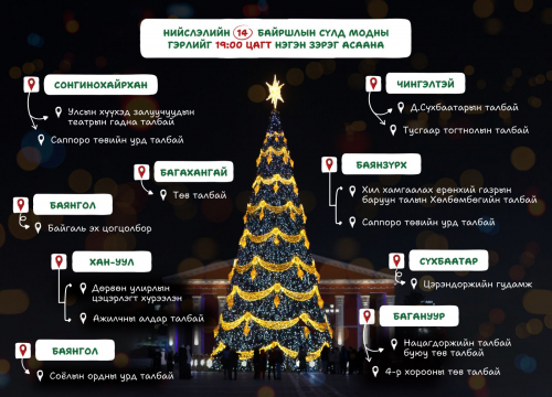 Нийслэлийн 9 дүүргийн 14 байршилд зассан сүлд модны гэрлийг өнөөдөр 19:00 цагт зэрэг асаана